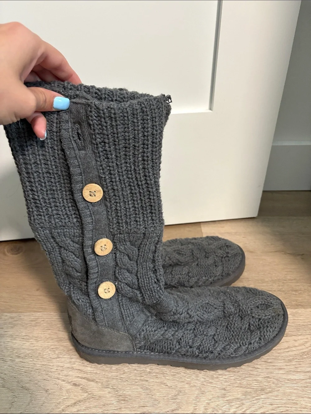 UGG Gray Knit Button Mid-Calf Winter Boots
